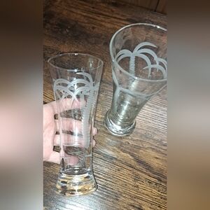 2 Rolf Palm Tree Etched Glass Pilsner Glass Tropical Clear Set Wine Beach Coast